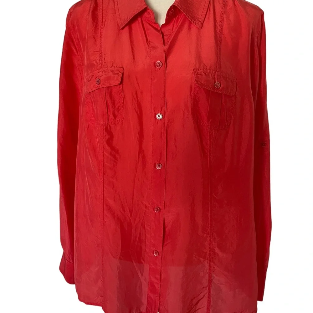 TOMMY BAHAMA CORAL 100% SILK BLOUSE Size XL Long Sleeved Button Down - Picture 4 of 14